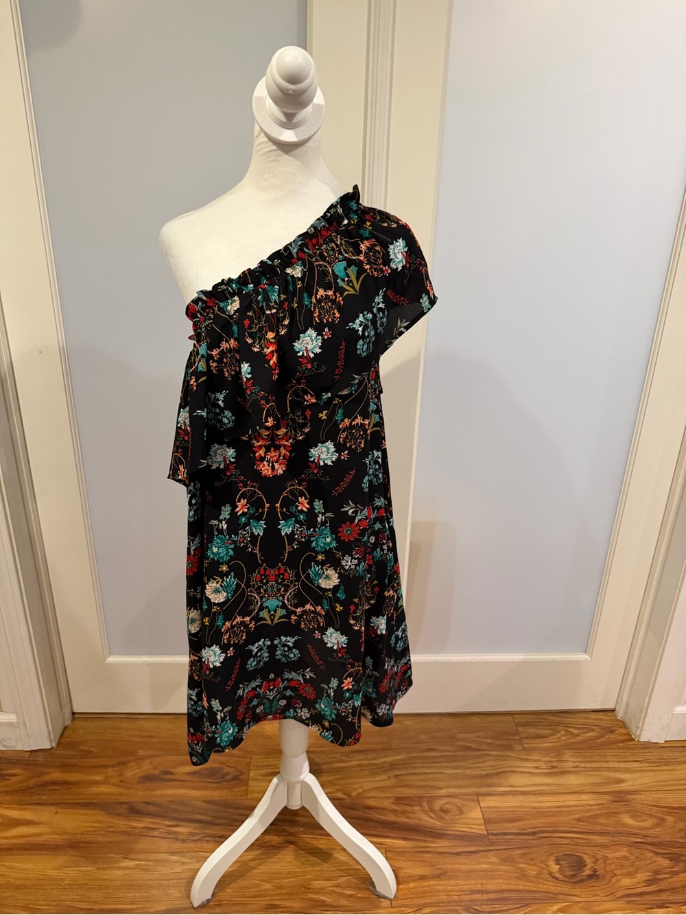 Umgee Black Floral One-Shoulder Dress with Teal & Red Blooms